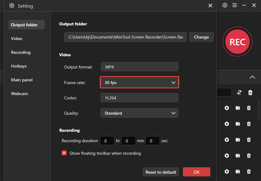 MiniTool Screen Recorder settings window with example settings as a no lag screen recorder.