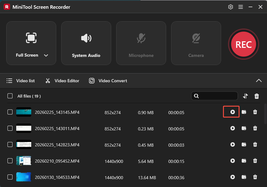 MiniTool Screen Recorder interface with the selected Play icon.