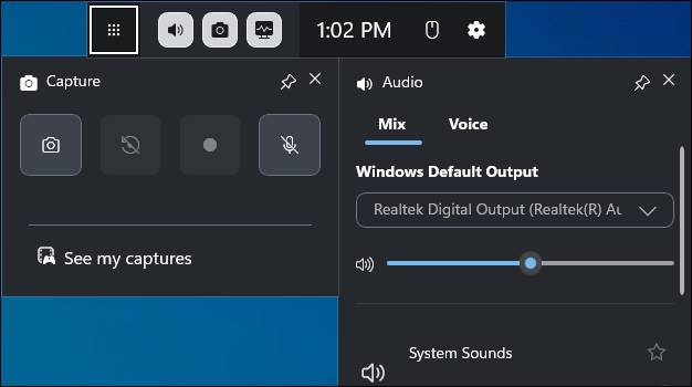 The main interface of Xbox Game Bar.