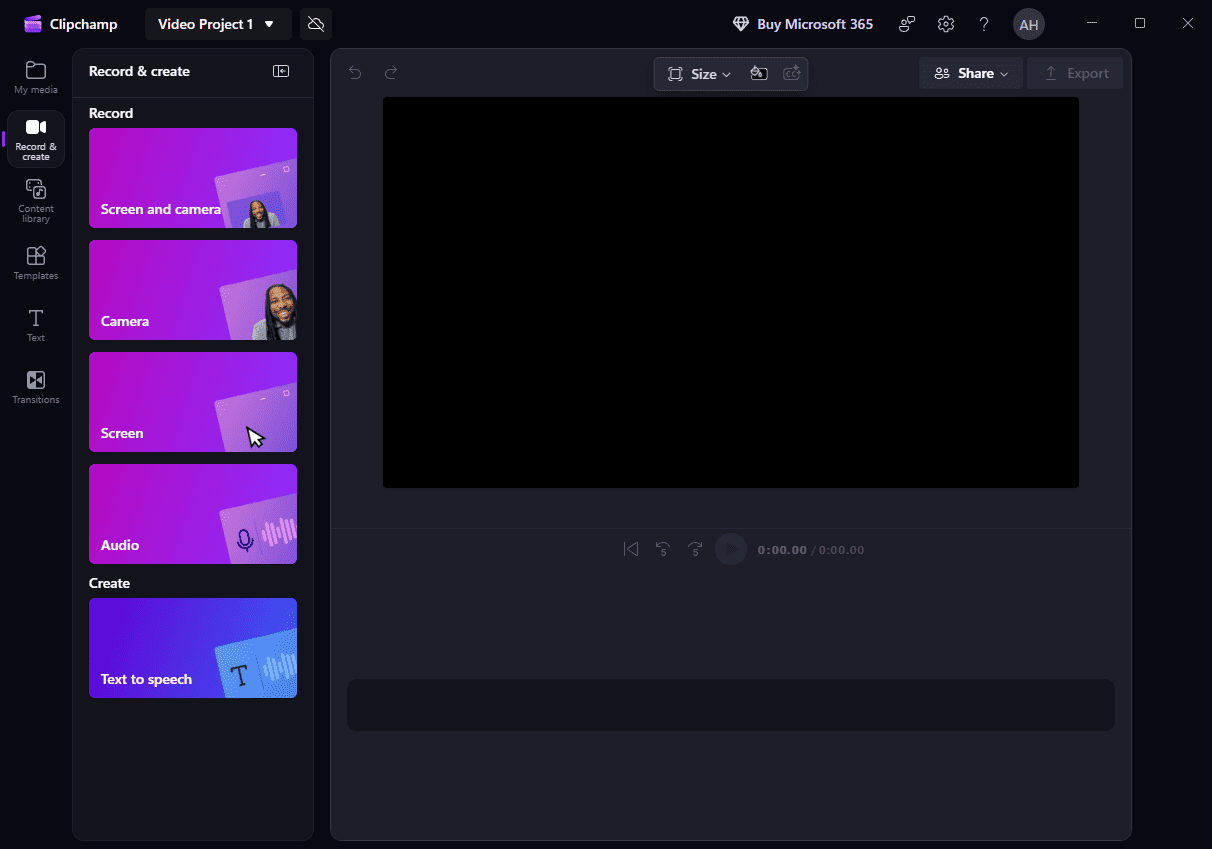 The main interface of Microsoft Clipchamp.