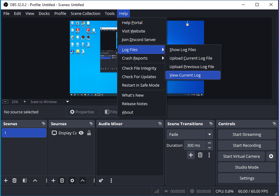 OBS interface showing how to view the current log file.