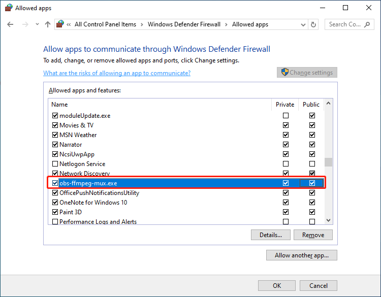 The obs-ffmpeg-mux with checked Private and Public boxes in the Allowed apps and features.