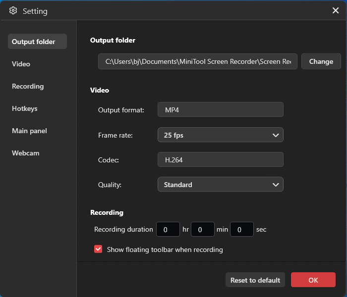 MiniTool Screen Recorder Settings window showing the default recording configurations.