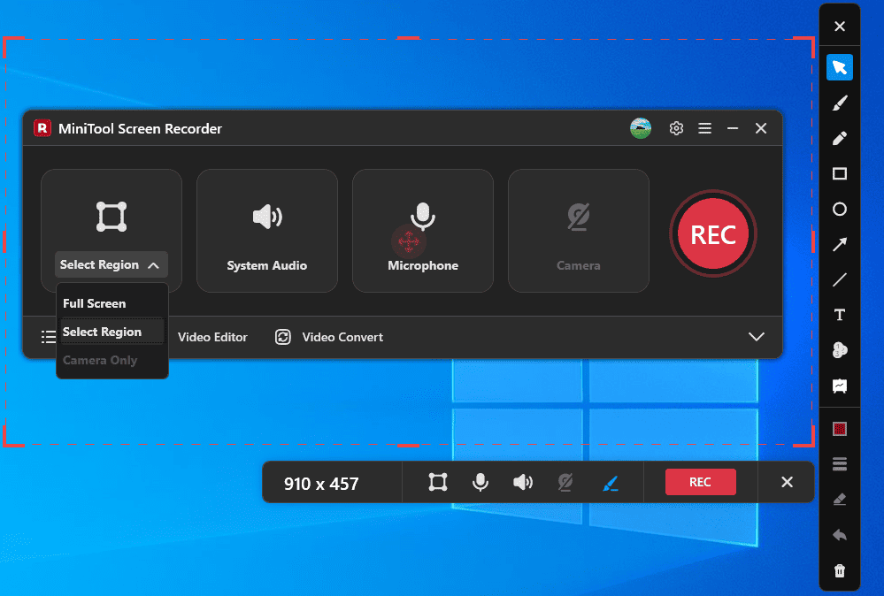 MiniTool Screen Recorder interface showing how to choose the custom recording region.