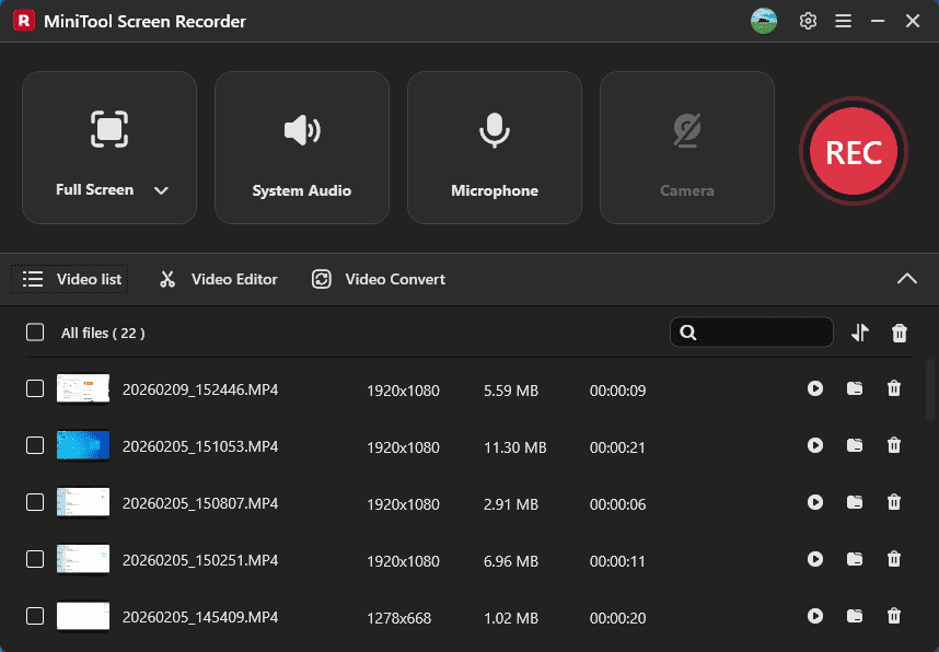 The expanded Video list on the MiniTool Screen Recorder interface.