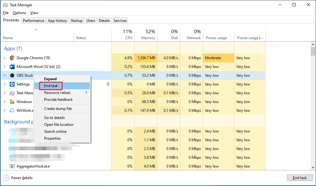 Task Manager showing how to exit OBS Studio.