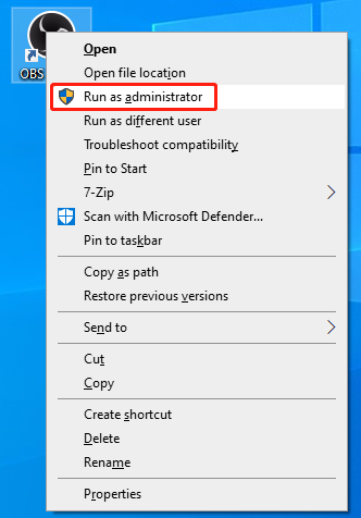 OBS desktop shortcut context menu with the Run as administrator option selected.