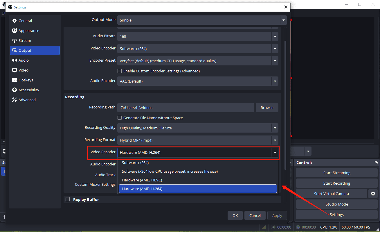 OBS interface showing how to change the video encoder in Settings.