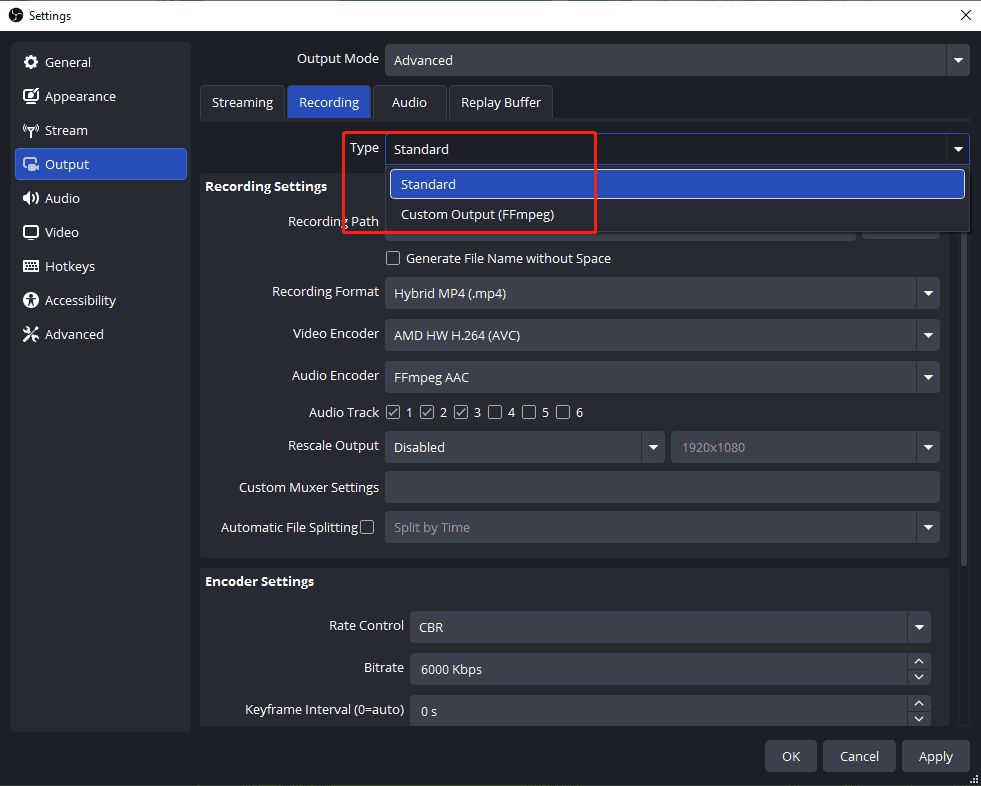 OBS Settings window showing how to change the recording type.