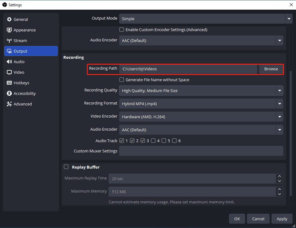 The selected Recording Path menu on the OBS Settings window.