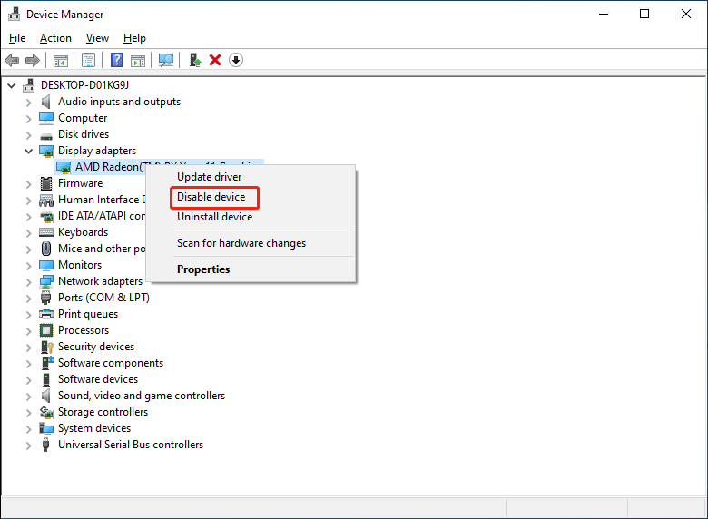 Device Manager showing how to disable your graphics driver.
