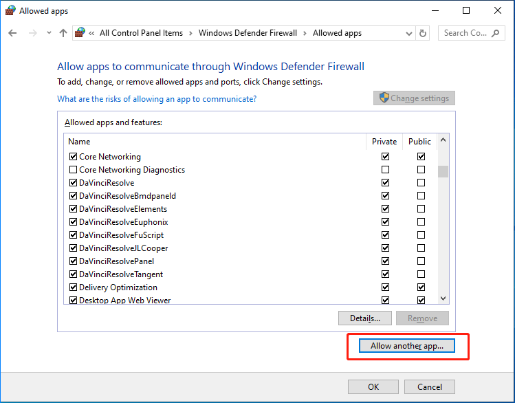 The Allowed apps window with the selected Allow another app option.