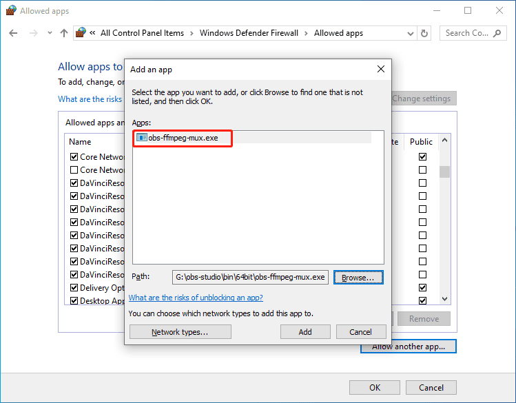 The selected obs-ffmpeg-mux executable file in the Add an app window of Windows Defender Firewall.
