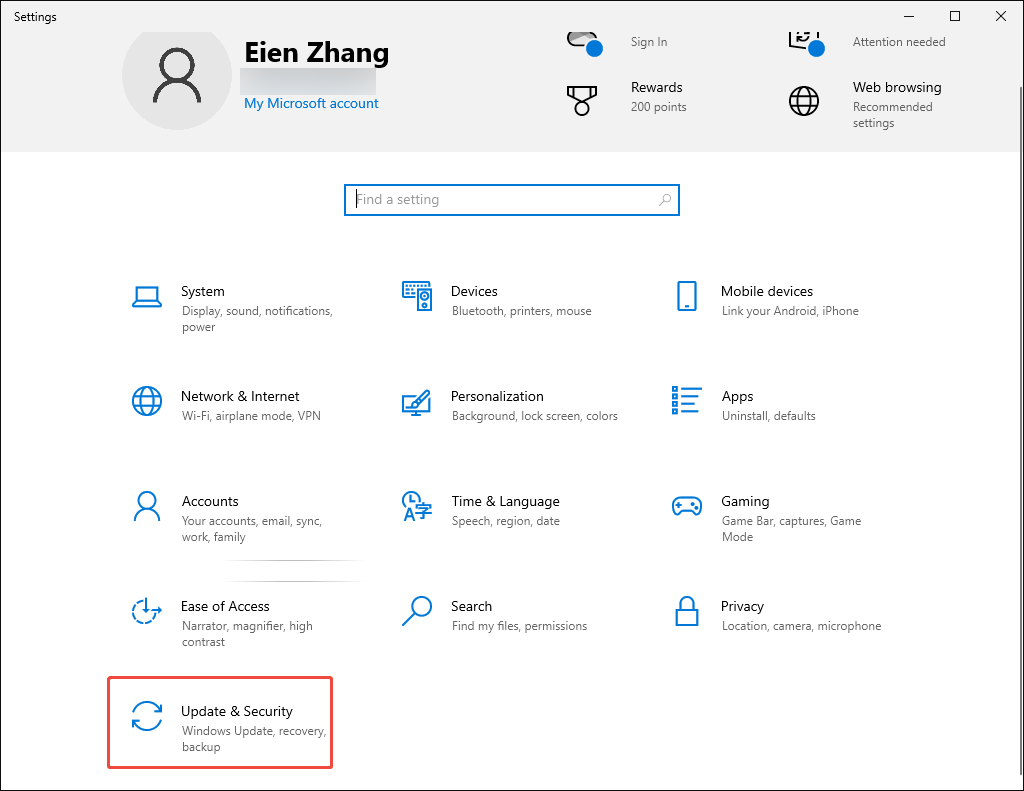 Windows Settings interface with the Update and Security option selected.