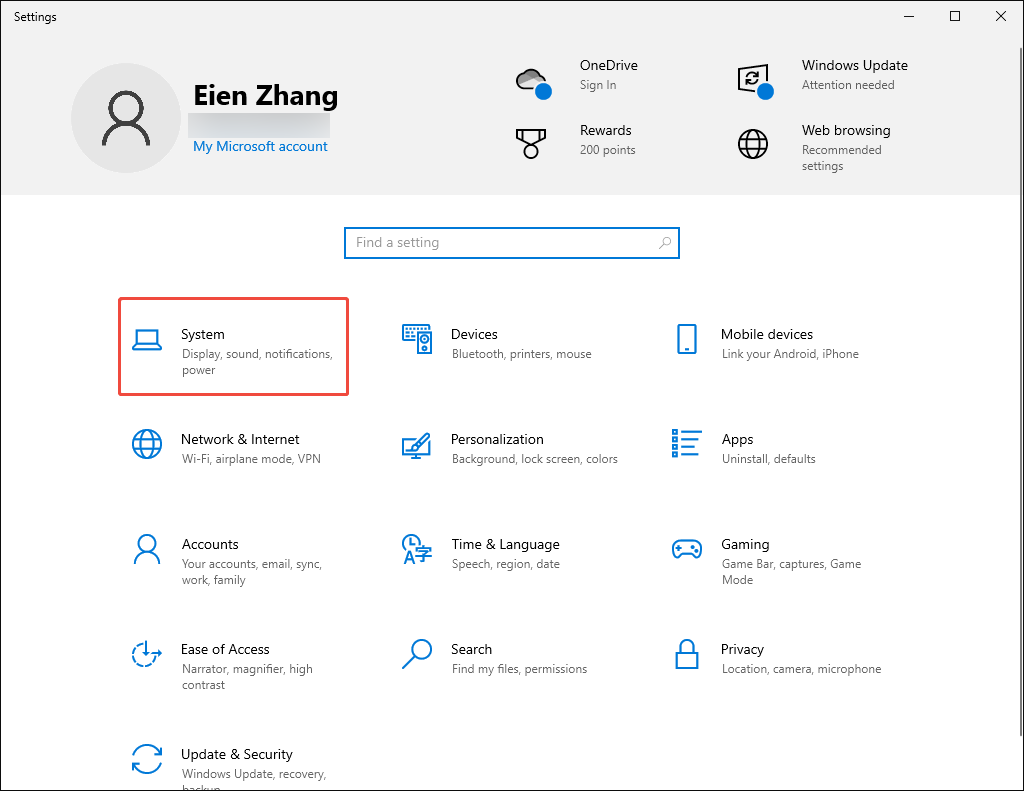 Windows Settings interface with the System option selected.