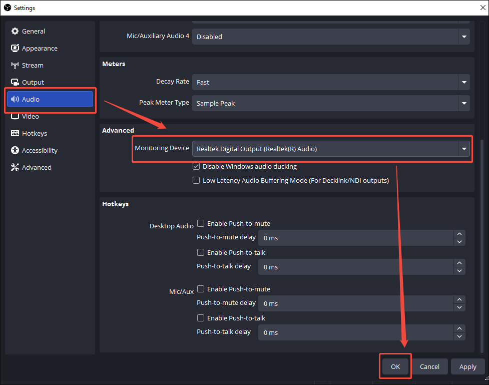 The OBS Studio Settings interface that shows how to change the monitoring device.