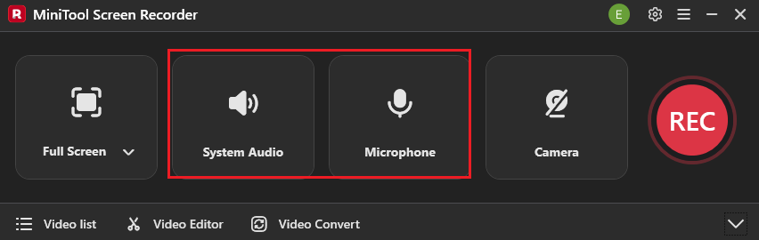MiniTool Screen Recorder interface with the System Audio icon and the Microphone icon selected.