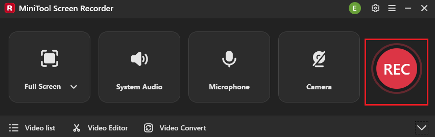 MiniTool Screen Recorder interface with the REC button selected to begin the recording process.