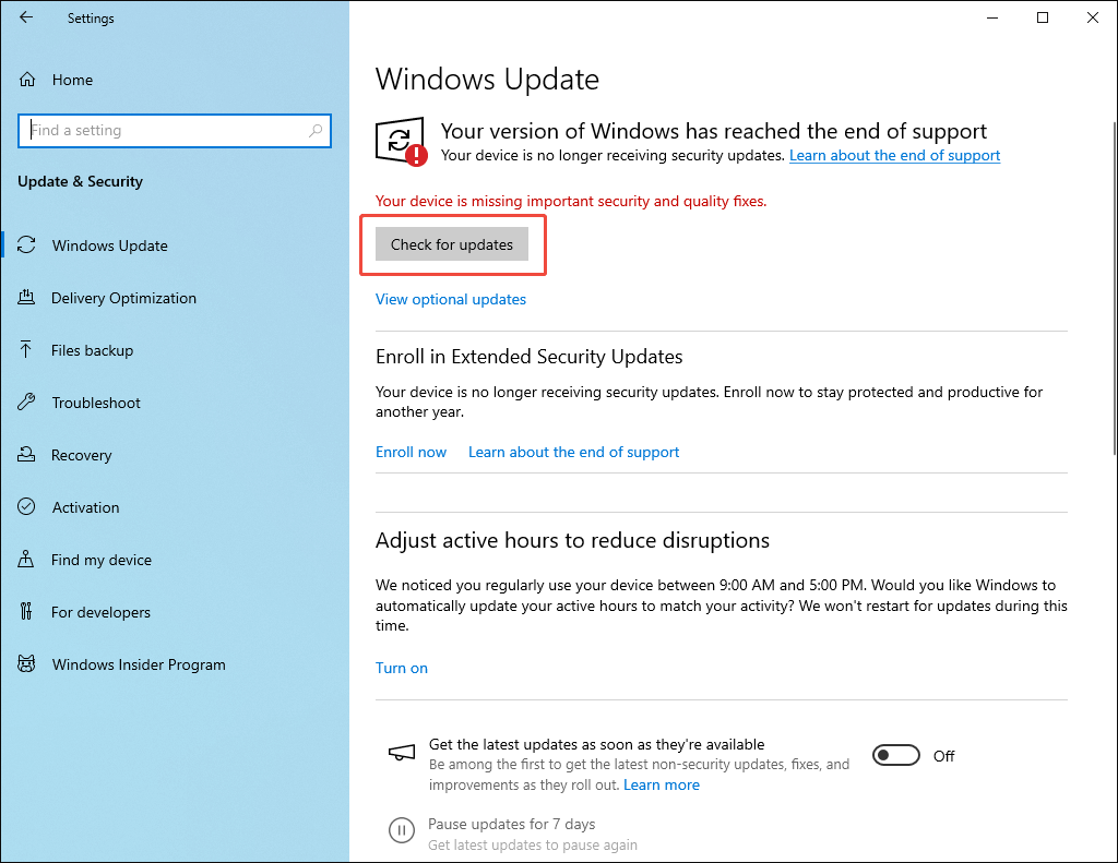Windows Settings interface with the Check for updates option selected.
