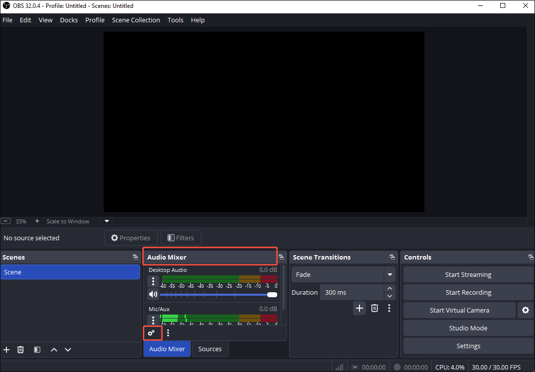 OBS Studio interface with the Settings icon selected under the Audio Mixer section.