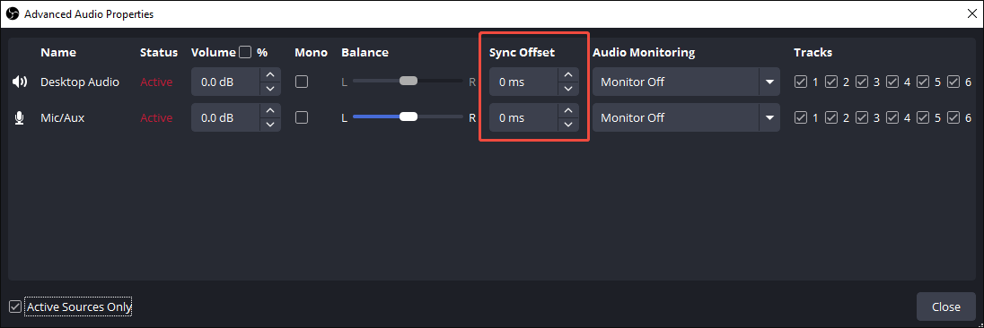 The Advanced Audio Properties window with a number entered under the Sync Offset section.