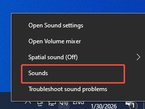 Windows taskbar with the Speakers icon and the Sounds option selected.
