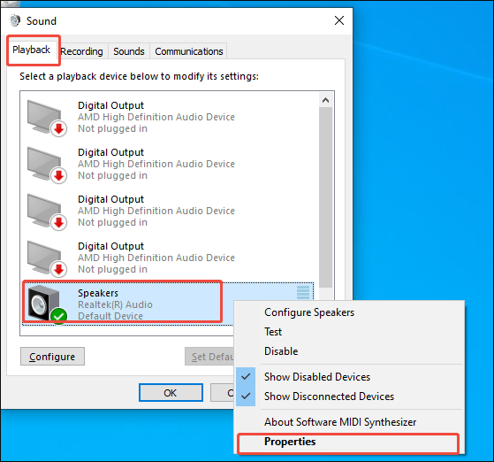 The Sound window interface with the speaker and the Properties option selected.