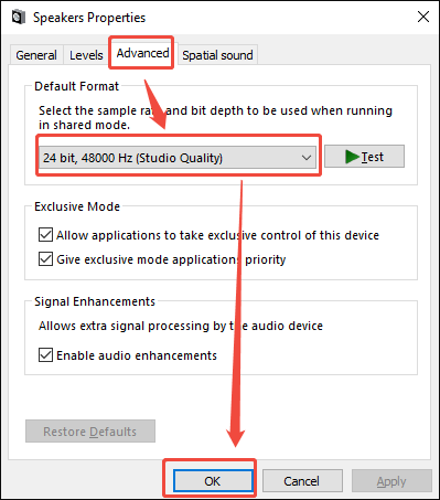 The Speaker Properties window with 48 kHz configured and the OK option selected.