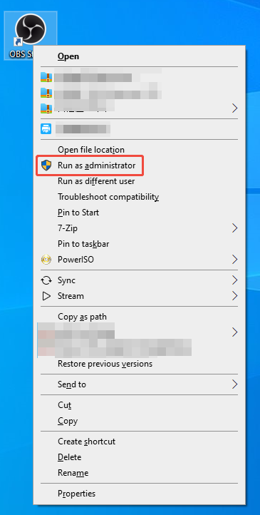 Windows interface with the OBS Studio shortcut right-clicked and the Run as administrator option selected.