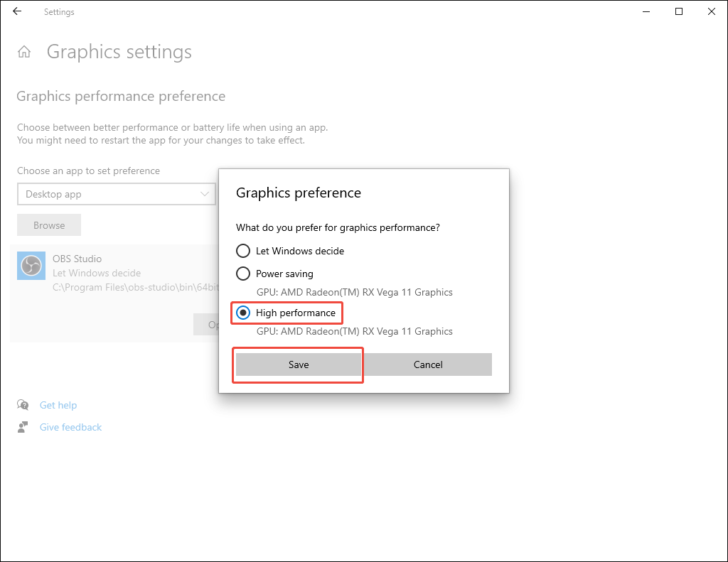 Graphics preference window with the High performance option and Save option selected.
