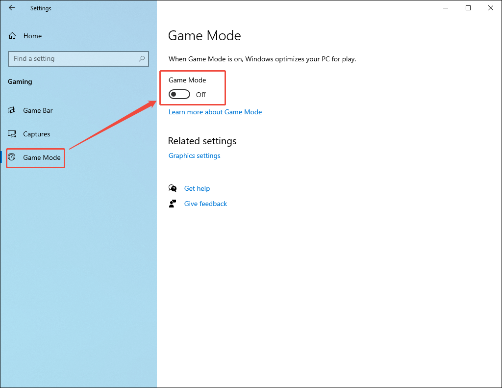 Windows Settings interface with the Game Mode option turned off under the Game Mode tab.
