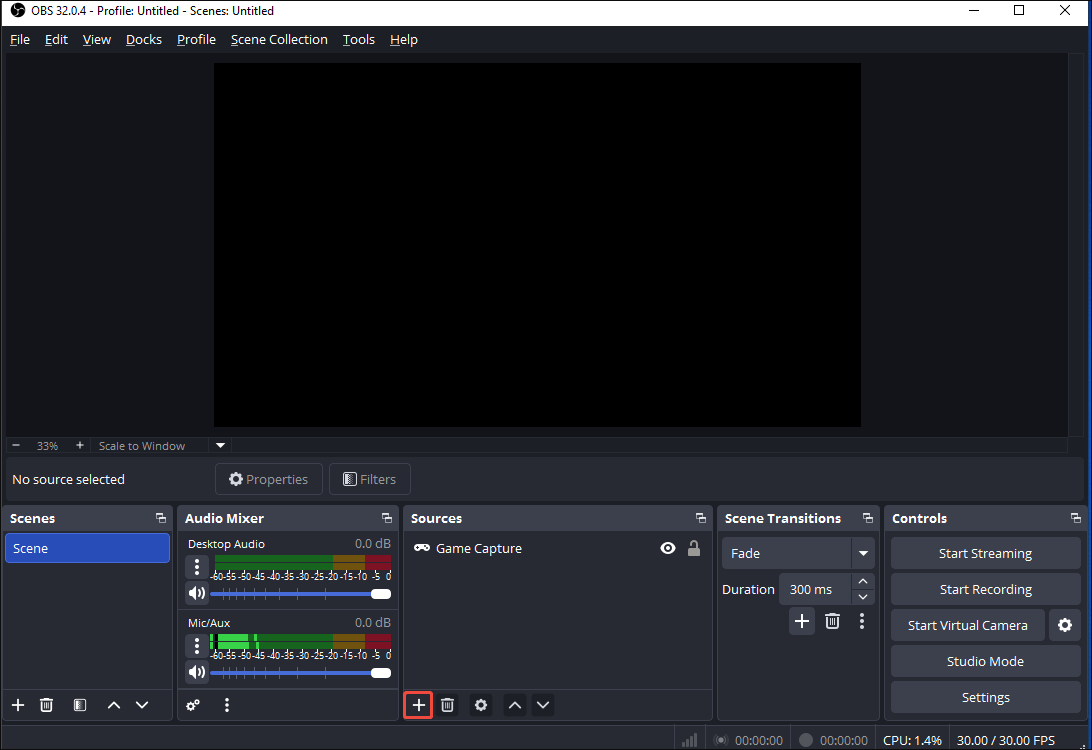 OBS interface with the Plus icon selected.