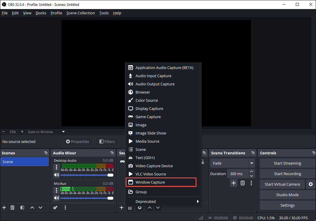 OBS interface with the Window Capture option selected.