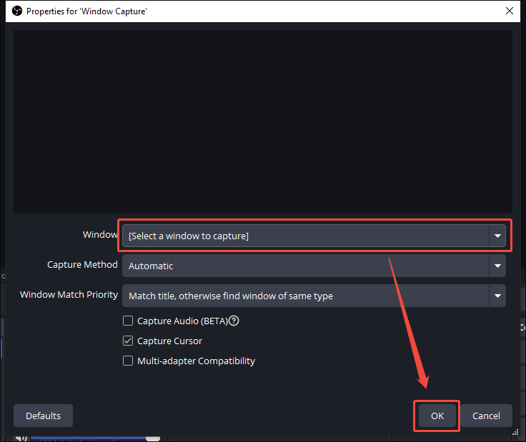 Properties for Window Capture window with the Window option expanded and the OK option selected.