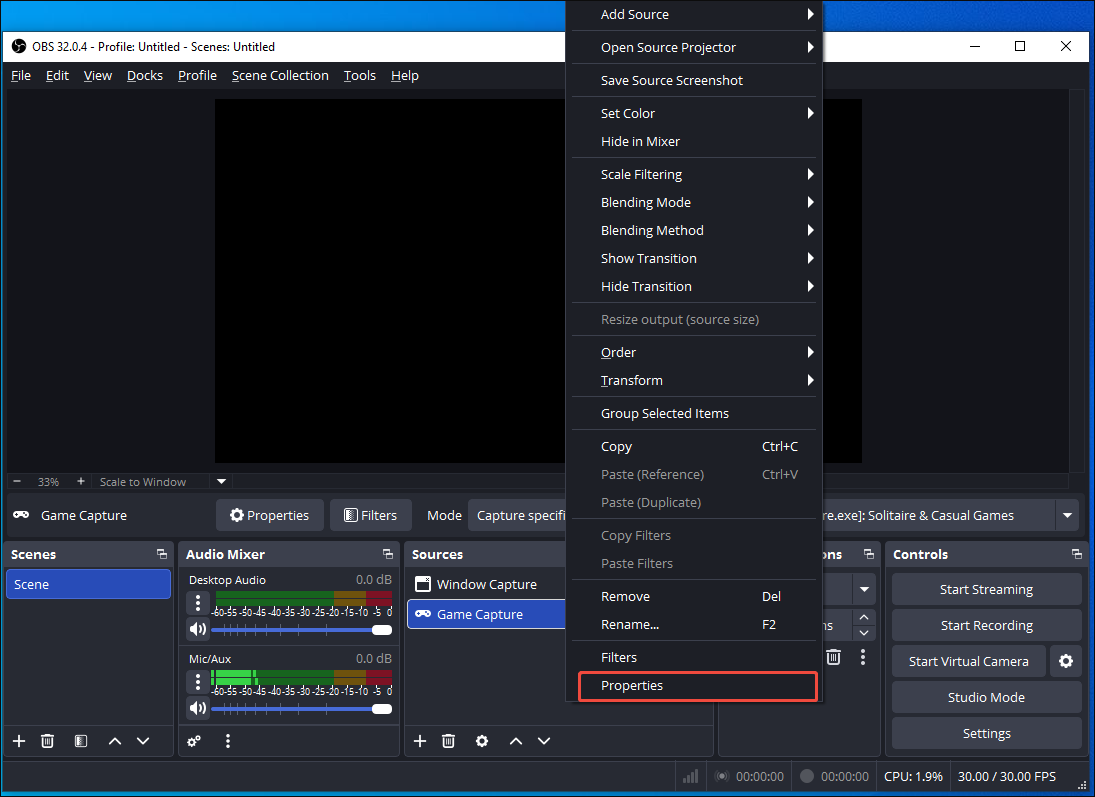 OBS interface with the Game Capture option right-clicked and the Properties option selected.