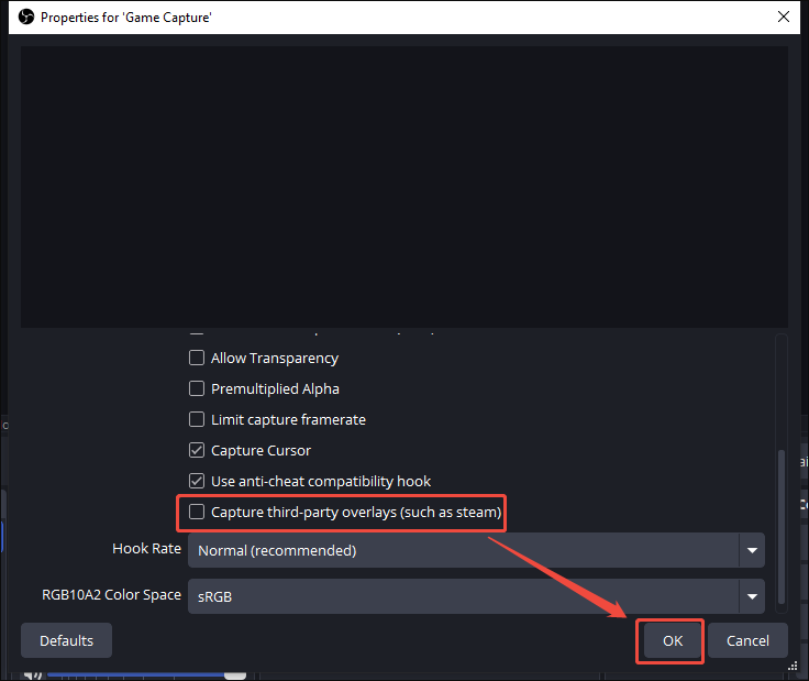 Properties for Game Capture window with the Capture third party overlays option unchecked.