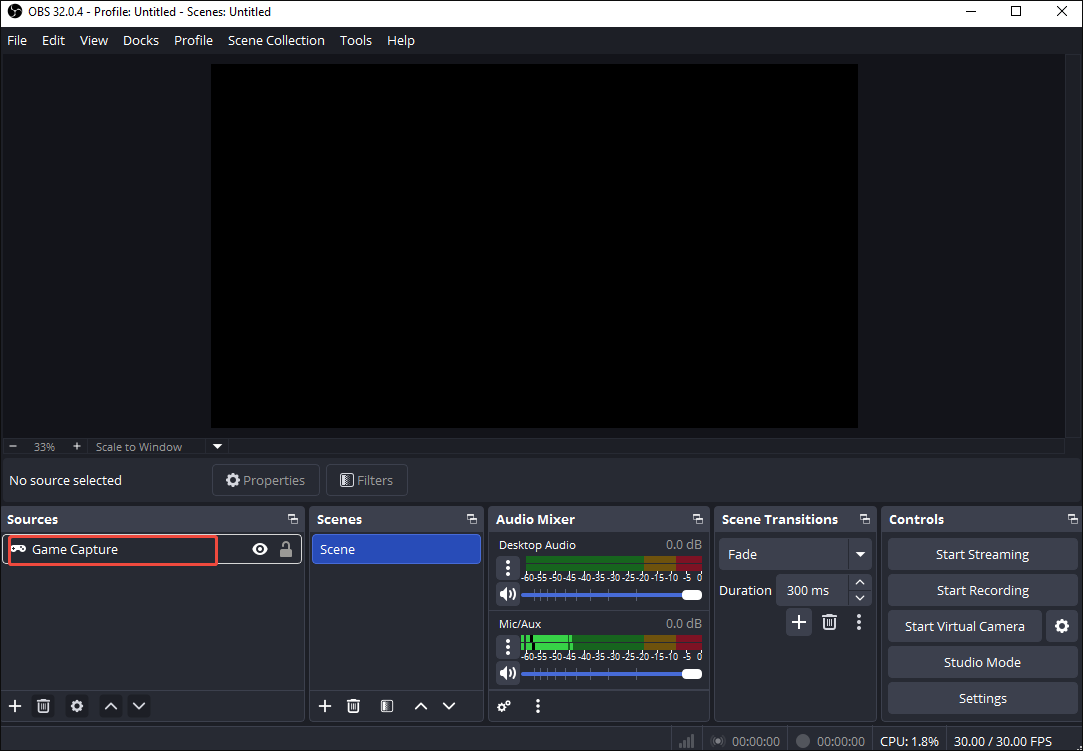 OBS interface with the Game Capture option double-clicked to enter the Properties for Game Capture window.