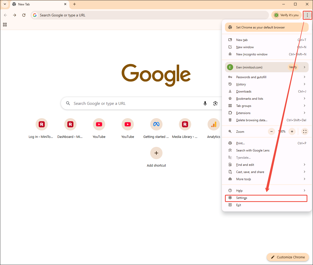 Google Chrome interface with the More icon and the Settings option selected.
