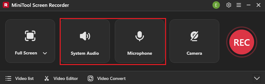 MiniTool Screen Recorder interface with the System Audio icon and the Microphone icon selected.