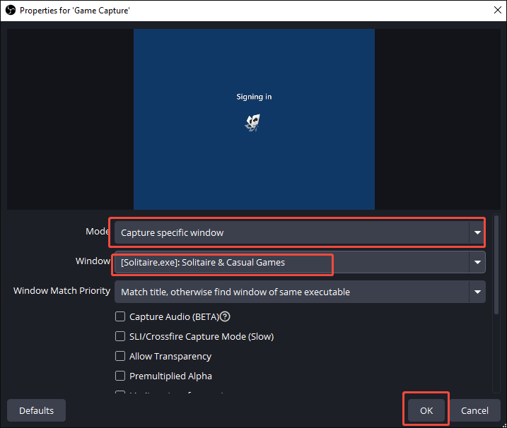 OBS Properties for Game Capture window with the Mode option and the Capture specific window option selected.