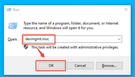 Windows Run window with devmgmtmsc entered and the OK option selected.