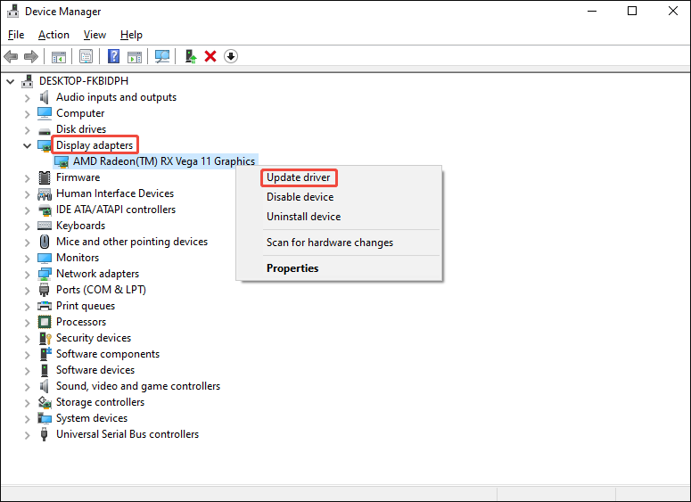 Windows Device Manager window with the Display adapters option expanded and the Update driver option selected.
