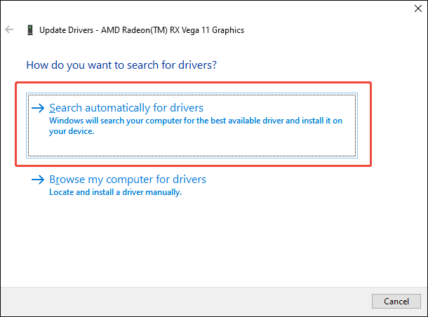 Device Manager window with the Search automatically for drivers option selected.
