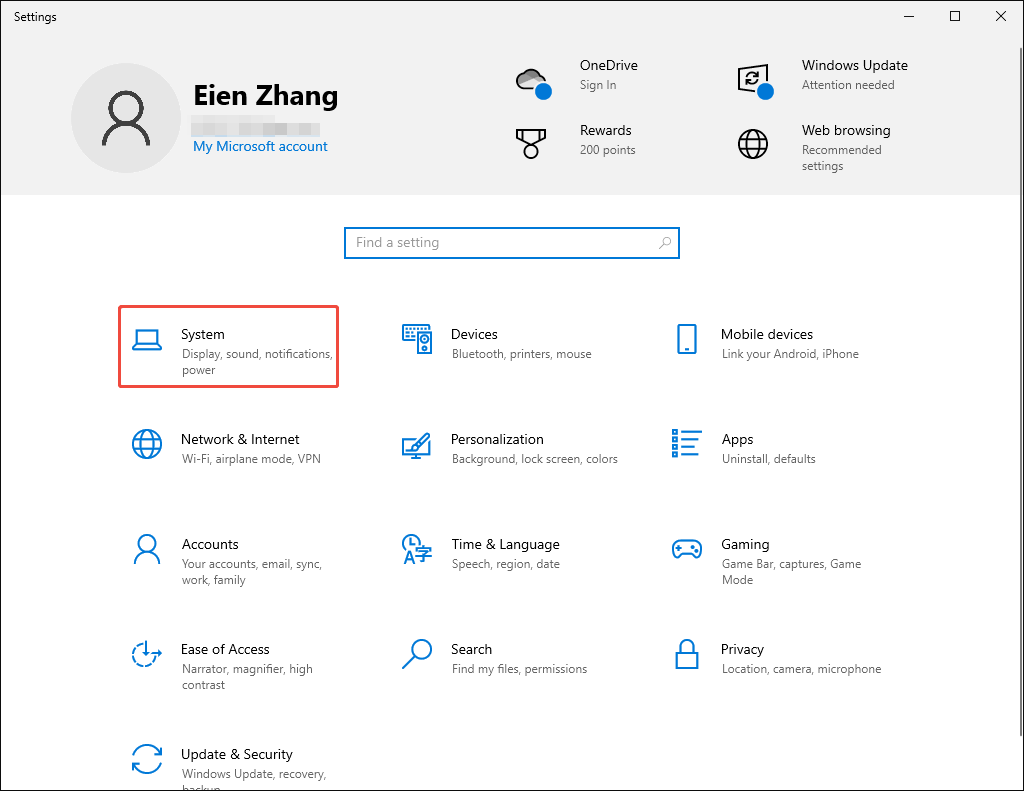 Windows Settings interface with the System option selected.
