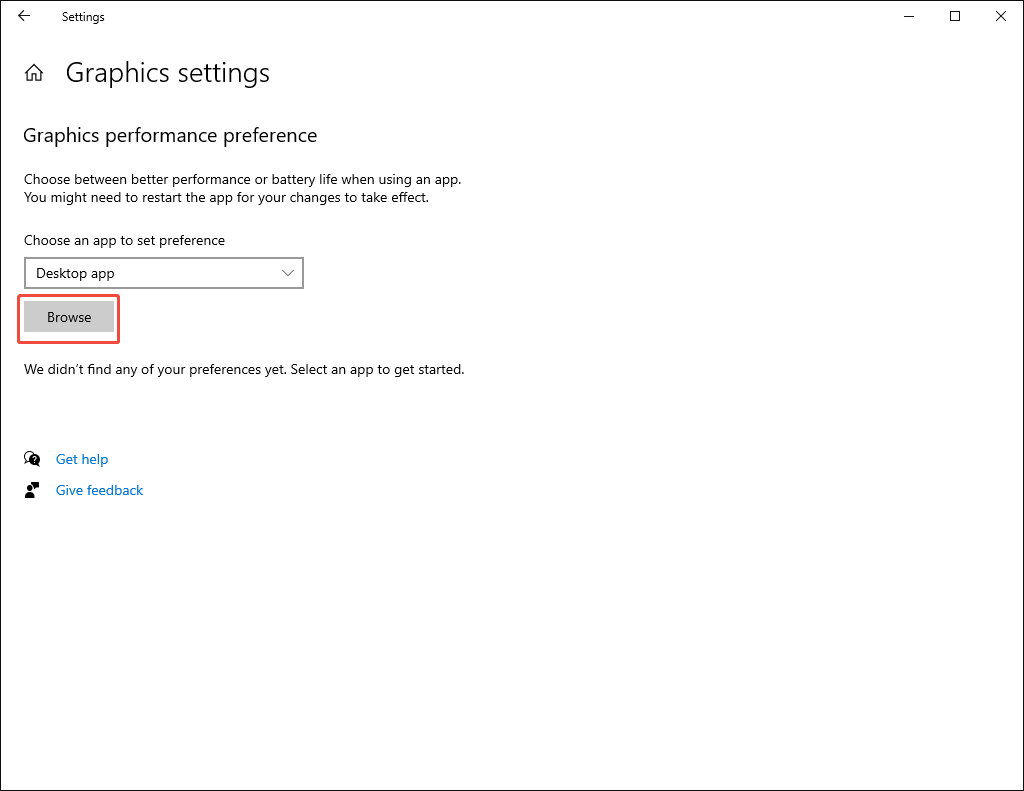 Windows Settings interface with the Browse option selected.