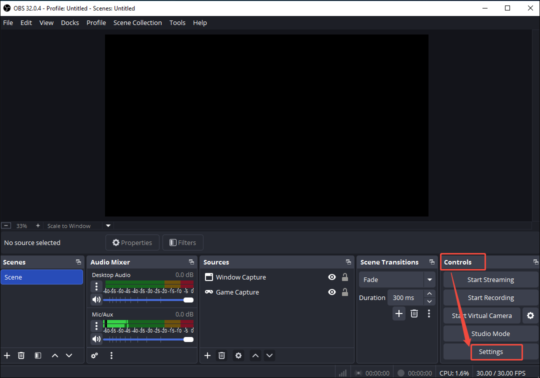 OBS Studio interface with the Settings option selected under the Controls section.