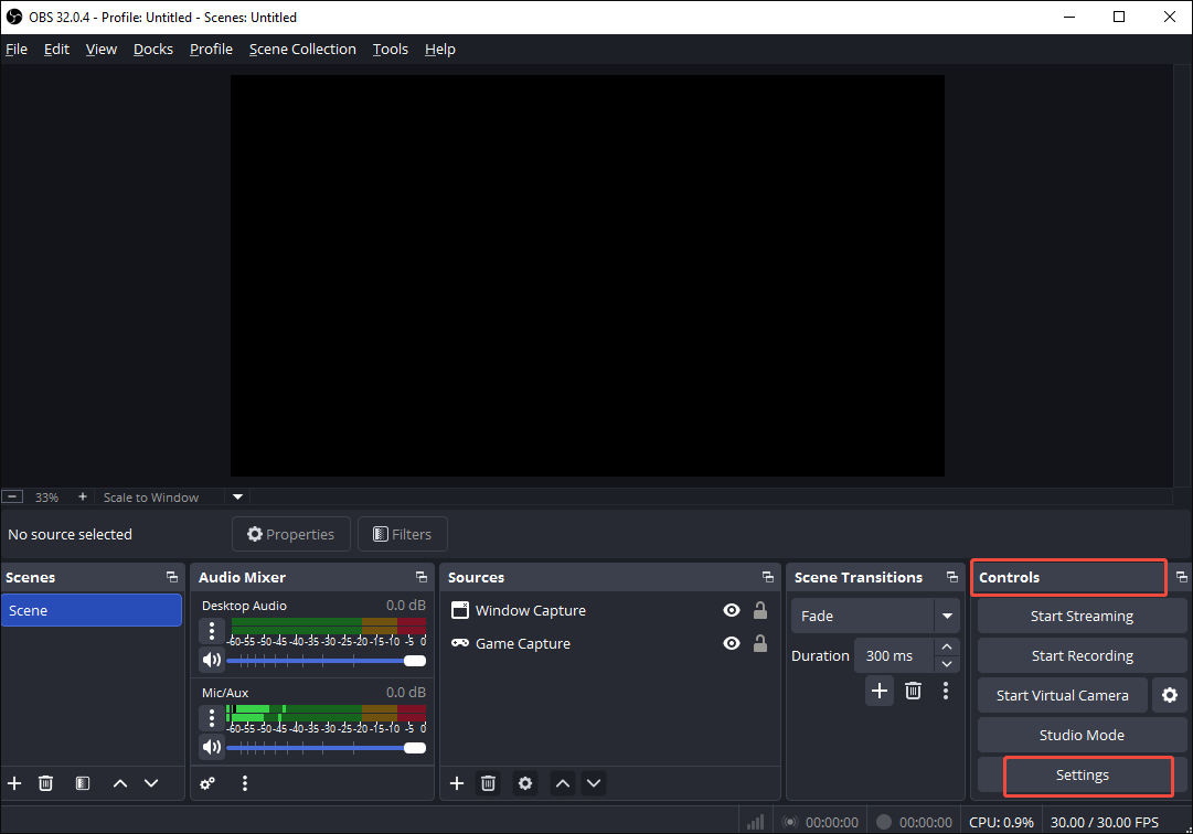 OBS Studio interface with the Settings option selected under the Controls section.