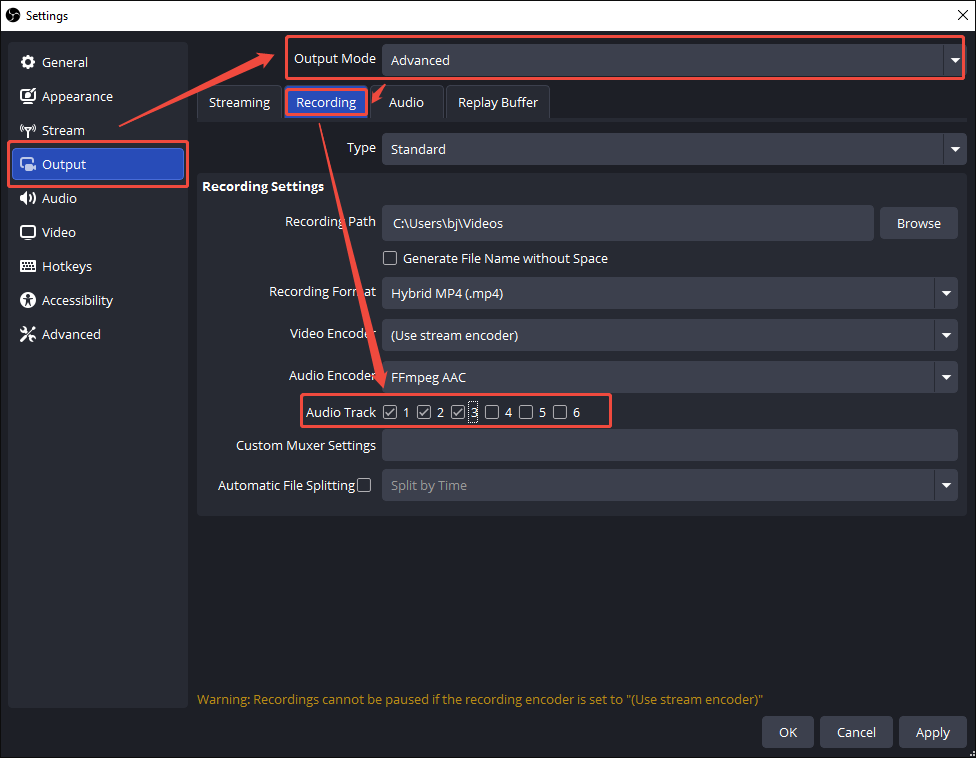 OBS Studio Settings page showing how to check the audio tracks.
