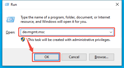 Windows Run window with devmgmtmsc typed and the OK option selected.