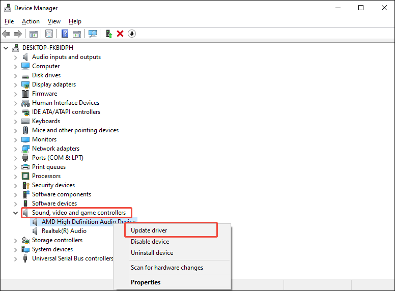 Windows Device Manager window with the Update driver option selected.